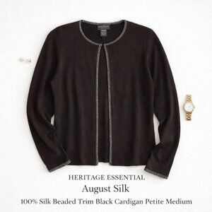 August Silk 100% Silk Beaded Trim Black Cardigan Petite Medium